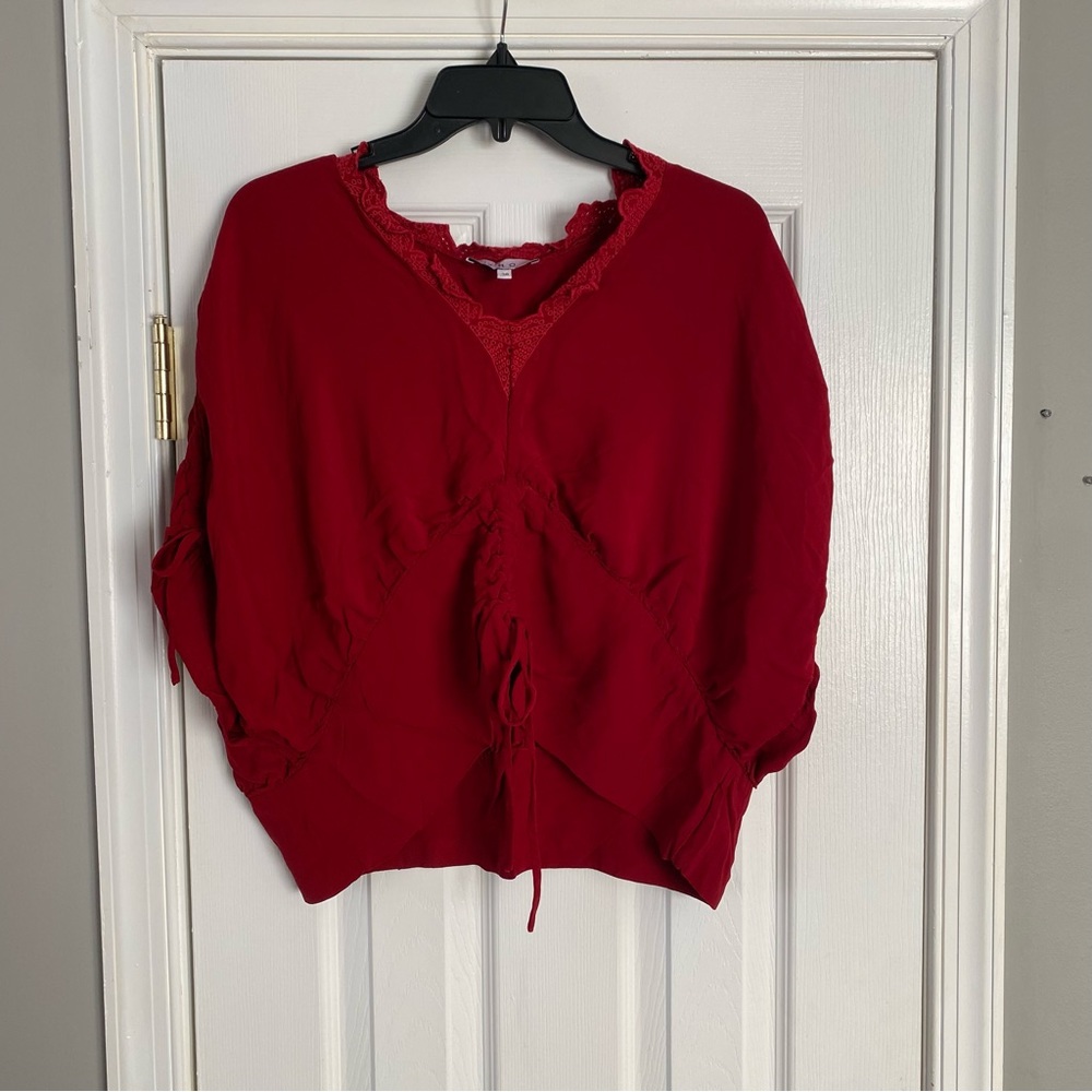 IRO Arnila Top In Garnet Red Ruched Blouse Size 38 Women’s Cinch Front Lace Lacy